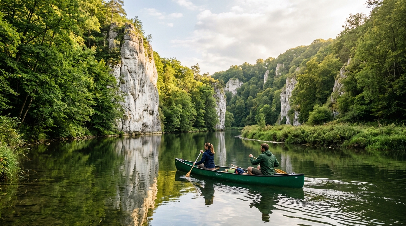 Grünes Kanu auf ruhigem Fluss mit Kalksteinfelsen im Altmühltal