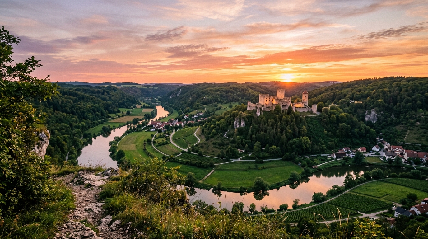 Panoramablick über das Altmühltal mit Flusslandschaft und einer Burgruine im Sonnenuntergang